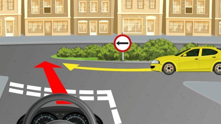 Conducătorul auto trebuie să cedeze trecerea autoturismului galben aflat în sensul giratoriu.