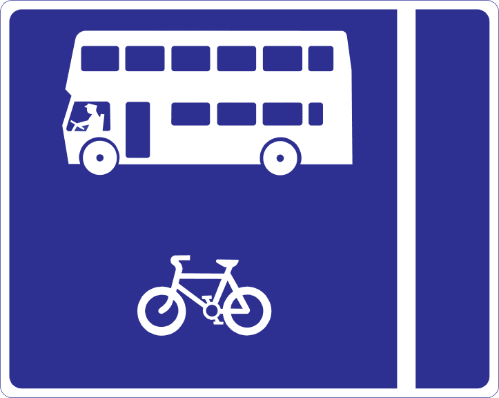 Bandă pentru autobuze și biciclete în sensul de mers, pe stânga.